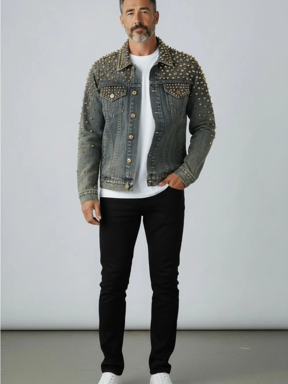Gold-Studded Washed Denim Jacket - Men